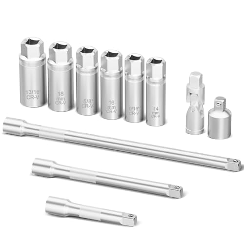 3/8 Inch Drive Spark Plug Socket Set, 12 Point, 11Pcs SAE & Metric Sizes 14mm, 16mm, 18mm, 9/16”, 5/8”, 13/16”, Magnetic Spark Plug Removal Tool with Extension Bar for Cars and Motorcycles - size: 11Pcs