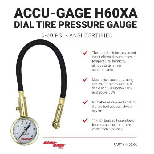 Accu-Gage by Milton Dial Tire Pressure Gauge with Swivel Angle Air Chuck and 11 in. Braided Hose - ANSI Certified for Motorcycle/Car/Truck Tires (0-60 PSI)