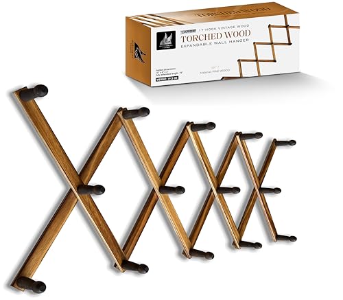 Expandable Wooden Coat Rack Hanger - Large Accordion Hanger with Expanding Pegs | Hand Made Rustic Wooden Hat Rack for Wall | Hang Coat, Jacket, Hat | Wall Rack – 14 Hook, Torched Wood - color: Torched Wood, size: 14 Hooks - Large Size