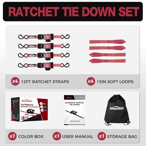 Heavy-Duty Retractable Ratchet Straps (4-Pack) – 1500 lb Break Strength Auto Self-Retracting Tie-Down Straps 1 inch x 12 Feet with Soft Loops, for Truck Motorcycle ATV Cargo Trailer - color: Red Retractable