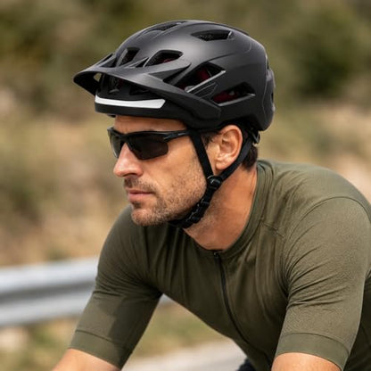 Bike Helmet, Helmets for Adults Men, Front and Back LED Lights Safe Certified MTB Road Bicycle Helmet with Adjustable Brim - color: Black, size: M (55-58cm)