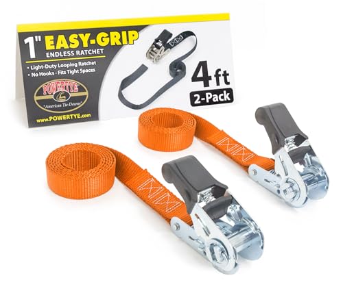 PowerTye - Endless Ratchet Strap - 1in x 4ft Easy Grip (Hookless), Tie Down Strap w/ 400 lb. Working Load Limit / 1,200 lb. Break Strength, Ideal for Motorcycle, Truck Beds, & Cargos, Orange 2-Pack - color: Orange, size: 1in x 4ft