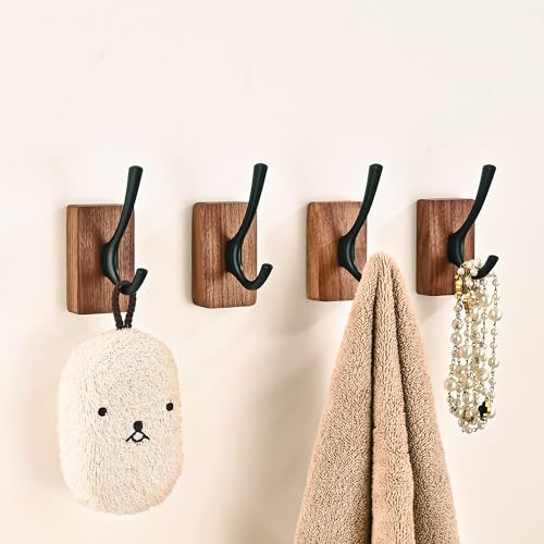 4 Pack Walnut Wood Wall Coat Hooks for Hanging, Adhesive Mounted & Wall Mount Heavy Duty Decorative Wooden Double Hook hanger for Towel Backpack Hat Jacket Clothes Blanket Purse Closet Robe Key - color: Black Coat Hooks