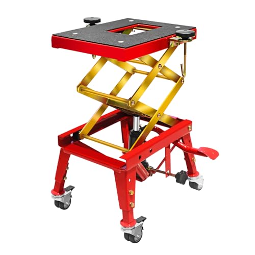 Jack Boss 350 Lbs Motorcycle Lift Jack Table, Hydraulic Foot-Operated Scissor Lift Jack for ATV Dirt Bike, Motorcycle Stand with 4 Wheels - color: Red