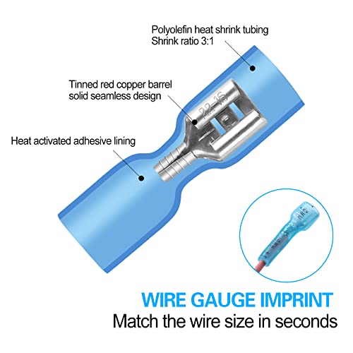 100 PCS 16-14 AWG Waterproof Heat Shrink Quick Disconnect Connectors, Crimp Electrical Wire Female Spade Connectors Insulated Disconnect for Marine Automotive Motorcycle Home Wiring (Blue) - size: [16-14 AWG] Female x 100