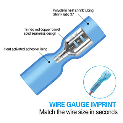 100 PCS 16-14 AWG Waterproof Heat Shrink Quick Disconnect Connectors, Crimp Electrical Wire Female Spade Connectors Insulated Disconnect for Marine Automotive Motorcycle Home Wiring (Blue) - size: [16-14 AWG] Female x 100