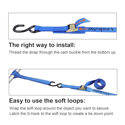 Ayaport Cam Buckle Tie Down Straps 6 feet 2200lbs Break Strength Blue Securing Straps with S Hooks for Motorcycle, Kayak, Car, Truck, Dirt Bike - size: Cam Buckle-1"x6\' blue