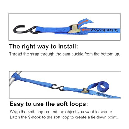 Ayaport Cam Buckle Tie Down Straps 6 feet 2200lbs Break Strength Blue Securing Straps with S Hooks for Motorcycle, Kayak, Car, Truck, Dirt Bike - size: Cam Buckle-1"x6\' blue