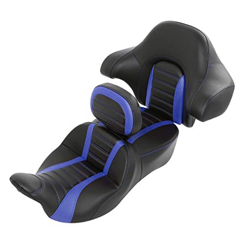 C.C. RIDER Driver Passenger Seat with Rider Backrest and King Tour Trunk Backrest Pad fit for Harley Touring Road King Street Glide Road Glide Electra Glide 2014-2023 - color: 02# Blue (Seat With Backrests)