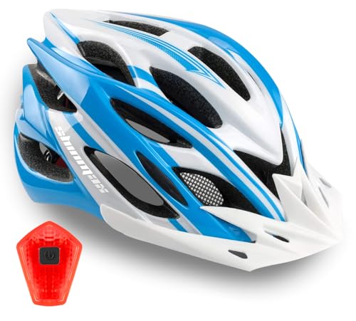 Bike Helmet Men Women, Shinmax Bicycle Helmet with Rear Light and Detachable Visor - color: Blue/White, size: Large (57-62 cm)