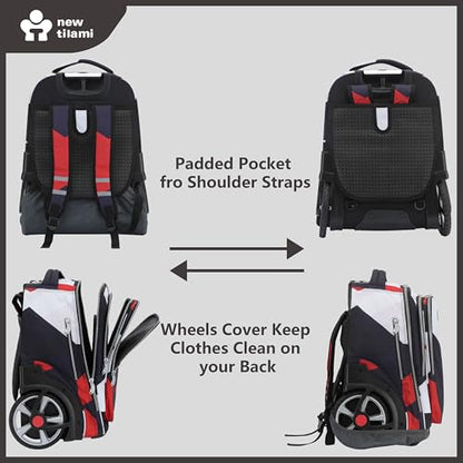 NEW TILAMI 20" Rolling Backpack for Teens Adults, Climbing Stairs Waterproof Backpack with Wheels for School Business Trave Camping with Laptop Compartment, Fit 17 Inch Laptop, Black - Red Combo - color: Black - Red Combo