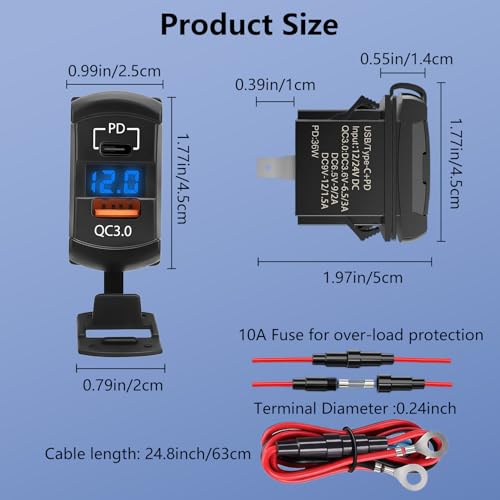 USB C Car Charger Socket,PD 55W & QC3.0 36W Multifunctional Dual-Port Fast Charging Outlet with LED Voltmetert,10A Inline Fuse,Rocker Switch USB Panel for Boat RV Truck Motorcycle ATV UTV Golf Cart - color: Blue