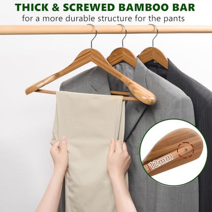 Amber Home 6 Pack Wide Shoulder Bamboo Wood Suit Coat Hangers, Wooden Clothes Hangers with Pants Bar, Heavy Duty Jacket Hangers for Dress, Pants, Heavy Clothes - size: Bamboo