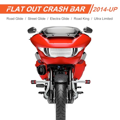 Engine Guard Flat Out Crash Bar for 2014-2025 Harley Touring Street Glide Road Glide Road King Electra Glide Ultra Models (Chrome w/Red CNC) - color: Chrome w/Red CNC