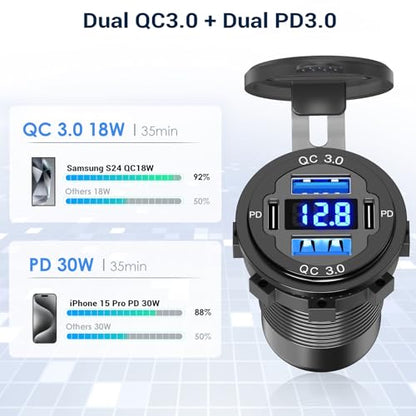 Qidoe Cigarette Lighter Socket 12 Volt USB Outlet Dual 30W PD & Dual Quick Charge 3.0 18W, 300W Socket Aluminum Metal Charger Panel with LED Voltmeter for Marine Car RV Motorcycle Golf Cart, etc