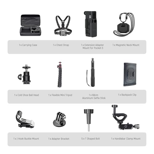 NEEWER Basics 16 in 1 Accessories Kit Compatible with DJI OSMO Pocket 3, Mini Tripod Selfie Stick Chest Strap Magnetic Neck Mount Extension Adapter Mountaineering Cycling Dual Cam Vlog, GP-52 - style: 16 in 1/for Pocket 3