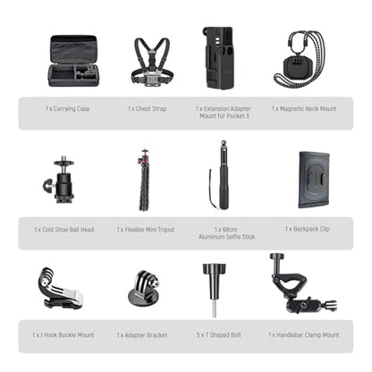 NEEWER Basics 16 in 1 Accessories Kit Compatible with DJI OSMO Pocket 3, Mini Tripod Selfie Stick Chest Strap Magnetic Neck Mount Extension Adapter Mountaineering Cycling Dual Cam Vlog, GP-52 - style: 16 in 1/for Pocket 3