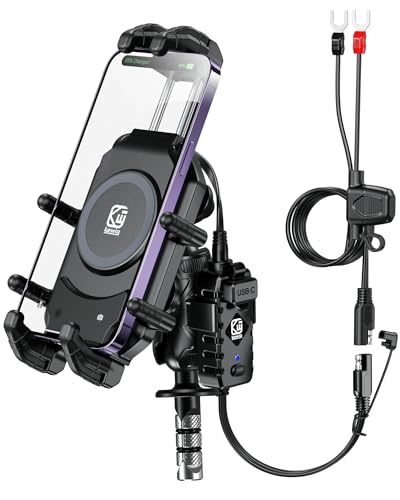 BRCOVAN Motorcycle Fork Stem Phone Mount with Wireless & USB-C Charger | Qi 15W & PD 36W, Anti-Theft Motorcycle Phone Holder with Vibration Dampener for 5.4''-7.2'' Cellphones