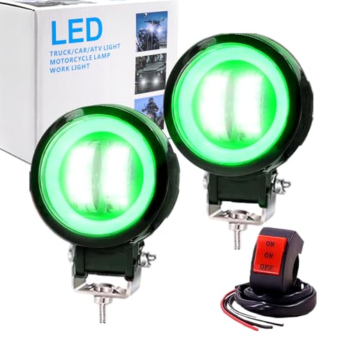 Ourbest Motorcycle Fog Lights with Switch,3inch Motorcycle auxiliary lights, Halo Round led lights, luces exploradoras para moto pair(White Beam with Green Ring)