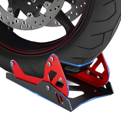 Heavy-Duty Steel Motorcycle Wheel Chock for Trailer Mount | Anti-Rust Black/Red Design | Universal Front Wheel Chock Stand for Dirt Bikes & Motorcycles | Compact & Portable (5.3”H x 10.8”L x 6.1”W)