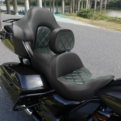 C.C. RIDER Driver Passenger Hammock Seat+ Rider Backrest+ Tour Trunk Backrest Fit For Harley Touring 2014-2023 Street Glide Road Glide Road King Electra Glide - color: 34# Green+ Rider Backrest+ Tour Trunk Backrest