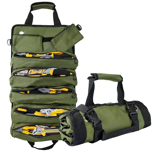 Portable Foldable Roll Up Tool Bag, Heavy Duty Tool Organizer Bag with 5 Compartments & 2 Detachable Pouches for Tools Storage, Waterproof Tool Roll Bag for Dad Men Electrician Gifts - color: Army Green