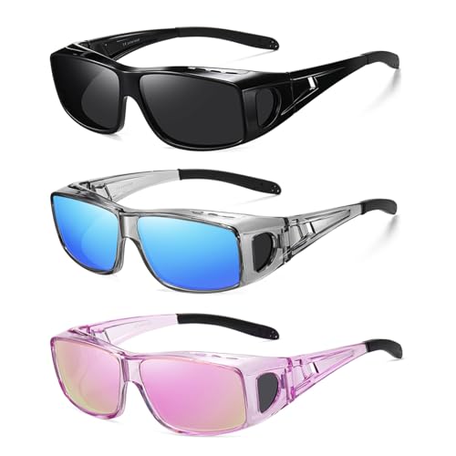 Wzerry Sunglasses Fit Over Glasses Polarized for Men Women, Wrap-Around Glasses UV400 Protection for Driving and Outdoor - color: Black/Grey + Transparent Grey/Blue + Transparent Purple/Pink