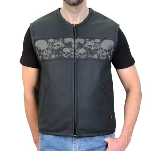 Hot Leathers Men’s Black Premium Matte Leather Ancient Skulls Conceal & Carry Motorcycle Vest - color: Vsm2003-black, size: X-Large