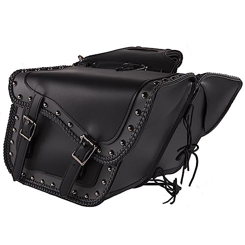 Dream Apparel Faux Leather Motorcycle Saddle Bags Studded Throw Over Saddlebags, PVC Motorcycle Side Bags for Honda Shadow Sportster Softail Dyna V-star (Black and Grey) - color: Black and Grey 26L Studded & Braided