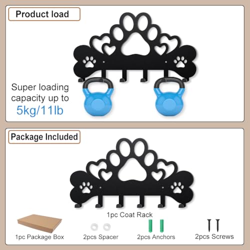 MAYJOYDIY Love Dog Paws Metal Key Hook Puppy Bones Heart Coat Rack Wall Mounted 15.7×8.7inch Art Wall Decor Key Holder Organizer Rack with 6 Hooks for Gift Coats Hats Towels Bags Hanging - style: Love Dog Paws