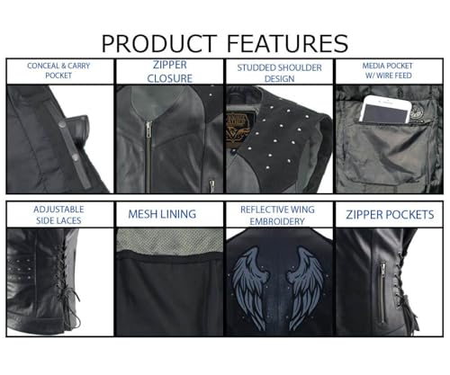 Milwaukee Leather Women's Classic Biker Vest - Premium Leather, Zipper Front, Concealed Carry, Rider Fit Design - color: Black-black, size: X-Small