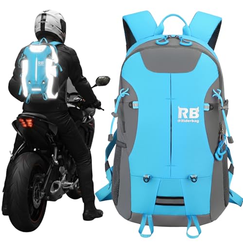 Reflective Motorcycle Backpack – Hi Viz EDC Commuter Bag for Riders, Night Travel, and Daily Use with Helmet Holder, Laptop Compartment, Ventilated Back, Urban Gear (light blue backpack) - color: Light Blue