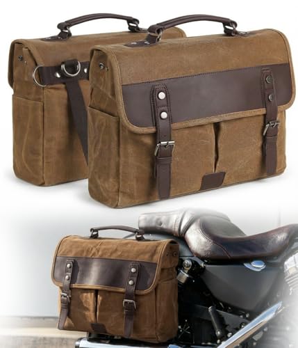 Motorcycle Bags Vintage Motorcycle Saddlebag Large Capacity Side Bag Waterproof Canvas Luggage Bag Storage Panniers Removable Shoulder Strap Universal Fit for Adventure,Cruiser,Street (Brown*2) - color: Brown*2
