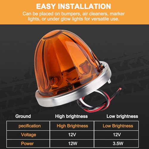 2 Pcs Amber Glass Lens Watermelon Lights LED Side Marker Turn Signal Lights with Stainless Steel Bezel Replacement for Kenworth Peterbilt Freightliner Trucks ATV Motorcycle