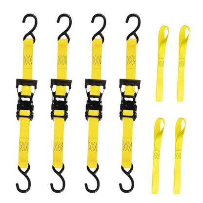 Ratchet Tie Down Straps, 1.5 inch x 12ft, 4400 LBS Break Strength for ATV, UTV, Motorcycle, Pickup Truck, Trailer, Rubber Coatded S-Hook and Soft Loop-4 Pack - color: Yellow