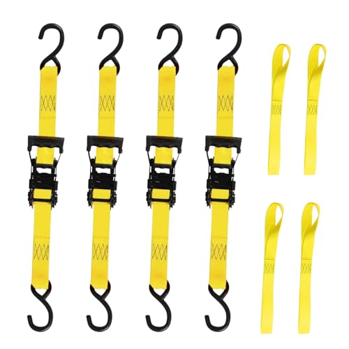 Ratchet Tie Down Straps, 1.5 inch x 12ft, 4400 LBS Break Strength for ATV, UTV, Motorcycle, Pickup Truck, Trailer, Rubber Coatded S-Hook and Soft Loop-4 Pack - color: Yellow