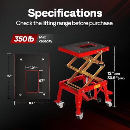 VIVOHOME 350 Lbs Heavy Duty Hydraulic Motorcycle Lift Jack, ATV Dirt Bike Foot Operated Scissor Stand Table with 4 Wheels and Removable Stopper, Red - color: Red