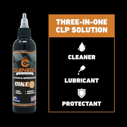 Clenzoil Chain & Sprocket 4 oz Bottle - Chain Cleaner, Lubricant & Rust Preventative - Cleaner Lubricant Protectant (CLP) - Wet Lube Application, Dry Lube Performance - for All Conditions - size: 4 oz Bottle