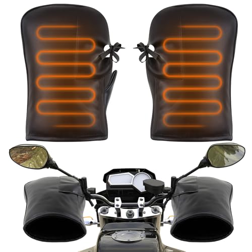 Hanaive 1 Pair Heated Motorcycle Handlebar Gloves ATV Windproof Handlebar Muffs Winter Thermal Muffs Waterproof Bike Mittens Electric Scooter Grip with Reflective Strip for Cold Riding Cycling, Black