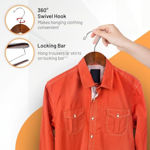 DEILSY Wide Shoulder Wooden Suit Hangers with Non-Slip Pants Bar & 360° Swivel Hook - Smooth Finish Coat Hangers for Men and Women - Heavy Duty Clothes Hanger – Pack of 6 - color: Brown