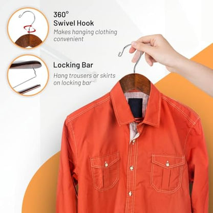 DEILSY Wide Shoulder Wooden Suit Hangers with Non-Slip Pants Bar & 360° Swivel Hook - Smooth Finish Coat Hangers for Men and Women - Heavy Duty Clothes Hanger – Pack of 6 - color: Brown