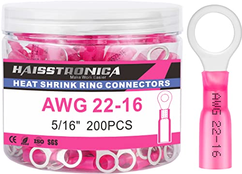 haisstronica 200PCS Heat Shrink Ring Terminals 5/16" Marine Grade Wire Connectors Red AWG 22-16 Gauge, Tinned Red Copper 0.7mm Resistant Ring Connectors, Brazed-Seam Insulated Electrical Crimp - color: Red, size: Ring 5/16"