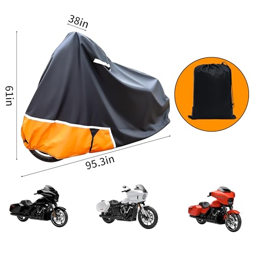 Motorcycle Cover Waterproof Outdoor 300D Oxford PU Coated, Black & Orange Motorcycle Accessories with Lock-Hole, Air Vents & Storage Bag, Fits Harley Touring Road King, Street Glide, Road Glide