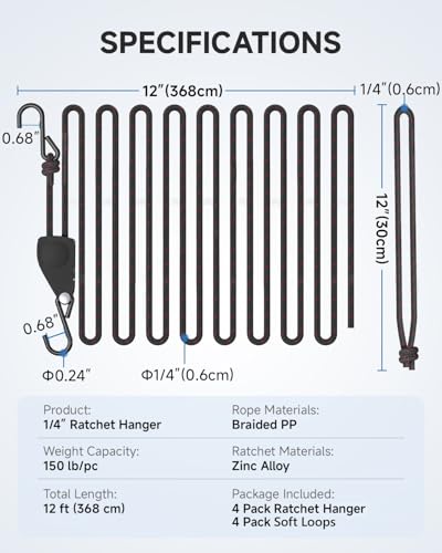 Fondwell 1/4" Tie Downs Ratchet Straps: 4-Pack Rope Hangers with Protective Soft Loops - Secure Tie Down Ratcheting for Transport - size: 1/4" 4-Pack (with Loops)