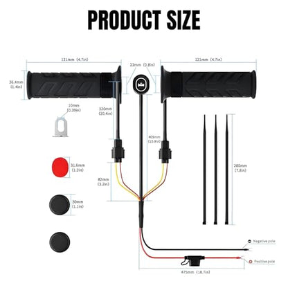 7/8'' ATV Heated Handlebar Grips, 12V 3-Gear Temperature Adjustable Handlebar Grip Heater, Waterproof Anti-Slip Heated Grips Fit for 7/8" ATV Handlebars
