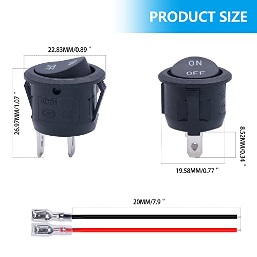Twidec/10Pcs 12V Round Rocker Switch ON Off AC 6A/250V 10A/125V SPST 2 Pin 2 Position 12 Volt DC Circle Toggle Switch for Car Boat Automotive RV Black with Wires KCD1-5-101-ON-OFF - color: Black-Round-ON OFF-10PCS