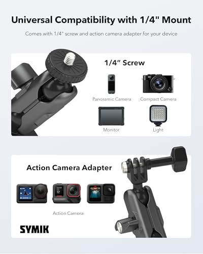 SYMIK Motorcycle Handlebar Mount for Action Camera, Heavy Duty Clamp Mount for Bike Bicycle Motorcycle Handlebar w/ 360° Ball Heads for Gopro, Insta360 X5 X4 Air X3 Ace Pro 2, Osmo 360 Action 6 5 Pro