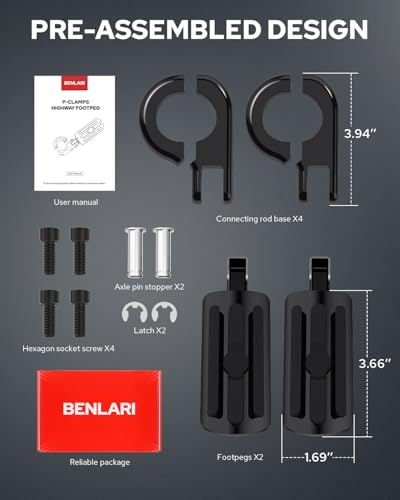 Benlari Highway Pegs P-Clamp A3 Steel Motorcycle Foot Pegs Fit For 1.25'' Crash Bars Foot Pedal Bracket Clamp Compatible with Harley Davidson Touring Electra Road Glide Road King (Black) - color: BLACK