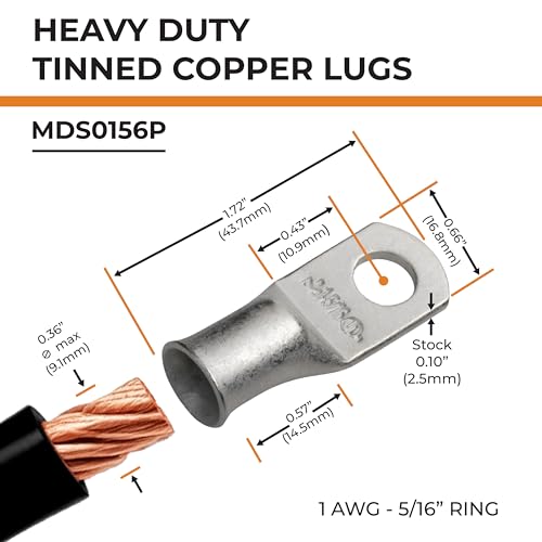 SELTERM 10pcs 1 AWG-5/16" Stud Tinned Copper Wire Lugs, Heavy Duty Cable Ends, 1 Gauge Ring Terminals, UL Battery Lugs Marine Grade Copper Eyelets Electrical Terminal Connectors - color: Tinned Copper Lugs, size: 1 Awg - 5/16" (M8) Ring