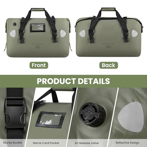 HOMIEE 40L Waterproof Duffel Bag, Waterproof Motorcycle Dry Travel Bag Tail Bag with Roll Top Closure & Shoulder Straps Outer Mesh Zipper Pocket for Camping, Kayaking, Fishing & Traveling - color: Green